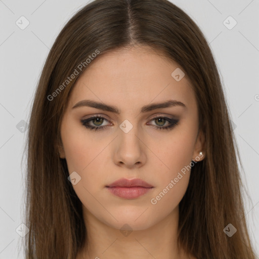 Neutral white young-adult female with long  brown hair and brown eyes