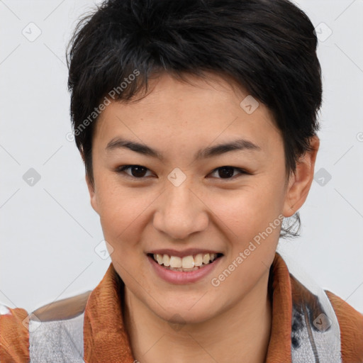 Joyful white young-adult female with medium  brown hair and brown eyes