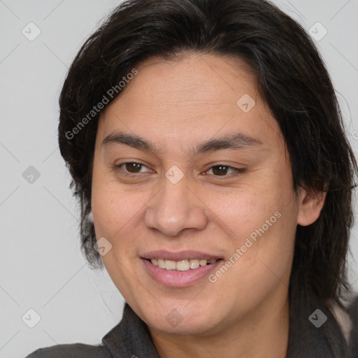 Joyful white adult female with medium  brown hair and brown eyes