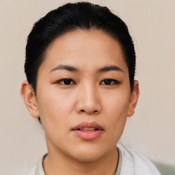 Neutral asian young-adult female with short  black hair and brown eyes