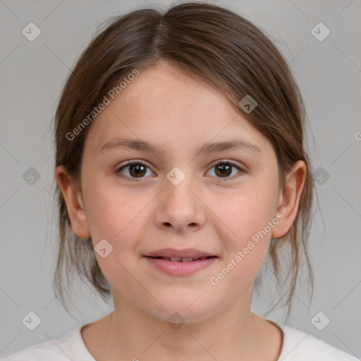 Joyful white child female with medium  brown hair and brown eyes