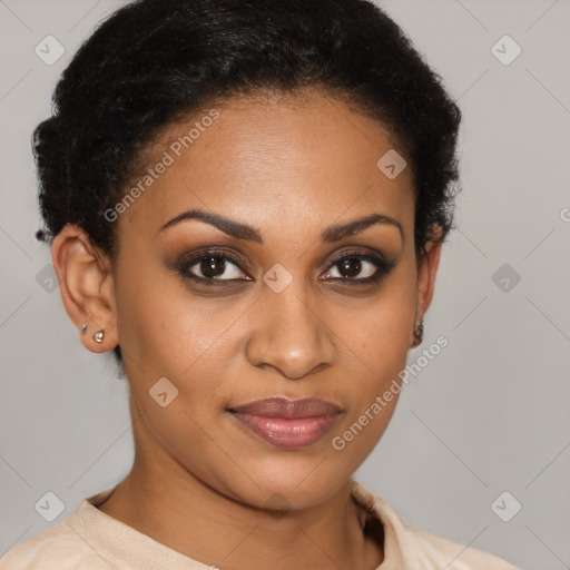 Joyful black young-adult female with short  brown hair and brown eyes