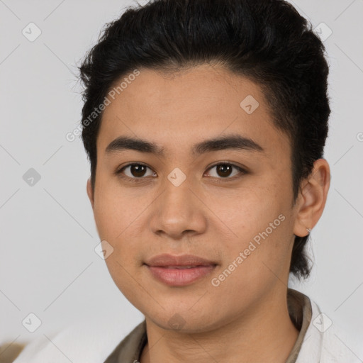 Joyful latino young-adult female with short  brown hair and brown eyes