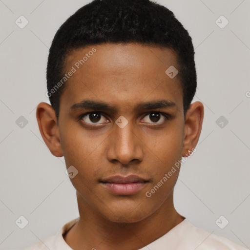 Neutral latino young-adult male with short  black hair and brown eyes