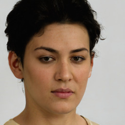 Neutral white young-adult female with short  brown hair and brown eyes