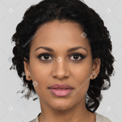 Joyful latino young-adult female with medium  black hair and brown eyes