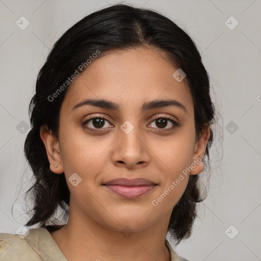 Joyful latino young-adult female with medium  brown hair and brown eyes