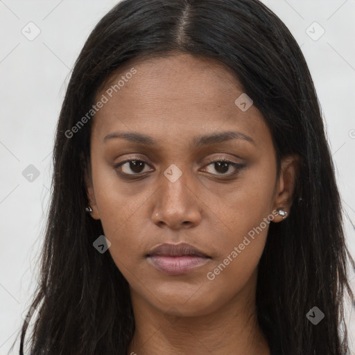 Neutral asian young-adult female with long  brown hair and brown eyes