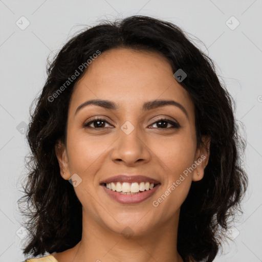 Joyful latino young-adult female with medium  brown hair and brown eyes