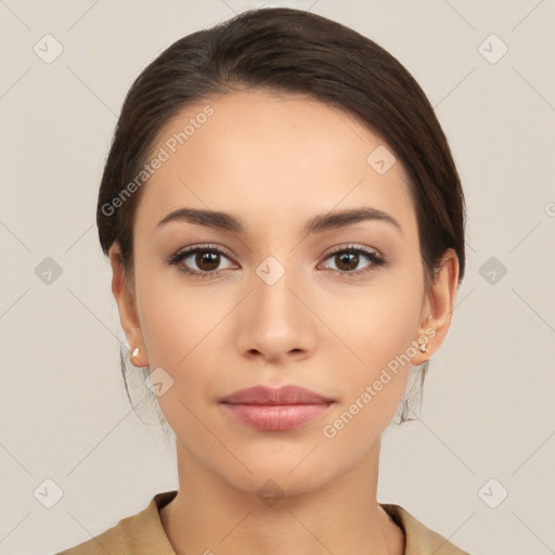 Neutral white young-adult female with medium  brown hair and brown eyes