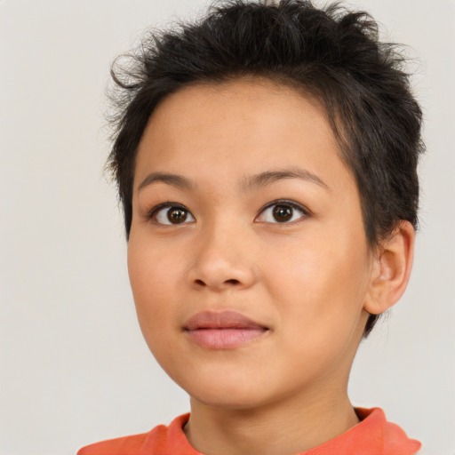 Neutral asian young-adult female with short  brown hair and brown eyes