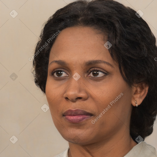 Joyful black adult female with medium  brown hair and brown eyes