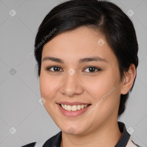 Joyful white young-adult female with medium  brown hair and brown eyes