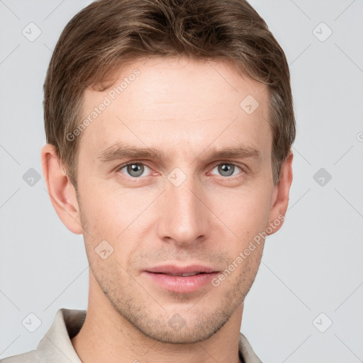 Neutral white young-adult male with short  brown hair and grey eyes