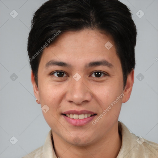 Joyful white young-adult female with short  brown hair and brown eyes