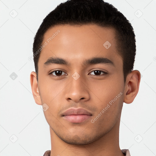 Neutral latino young-adult male with short  brown hair and brown eyes