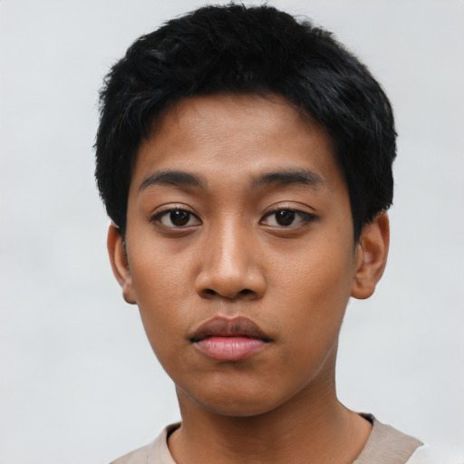 Neutral asian young-adult male with short  black hair and brown eyes