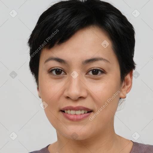 Joyful asian young-adult female with short  brown hair and brown eyes