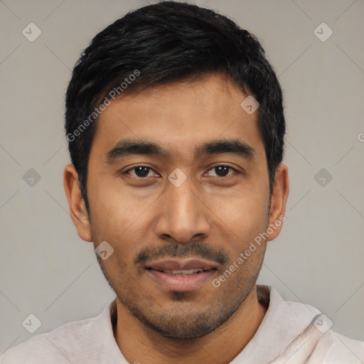 Neutral asian young-adult male with short  black hair and brown eyes