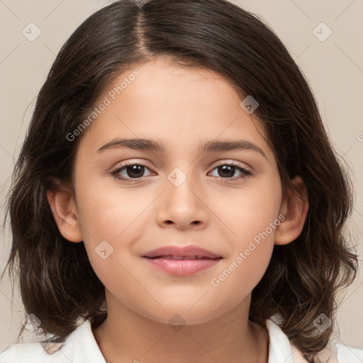 Joyful white child female with medium  brown hair and brown eyes