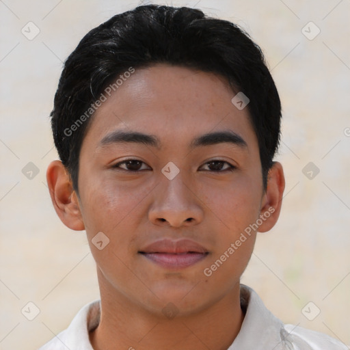 Neutral asian young-adult male with short  brown hair and brown eyes