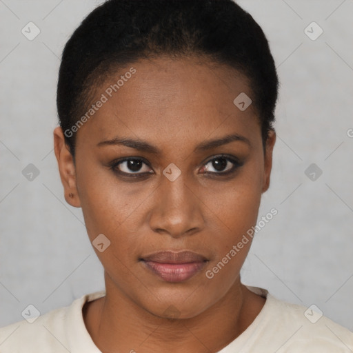 Joyful black young-adult female with short  black hair and brown eyes