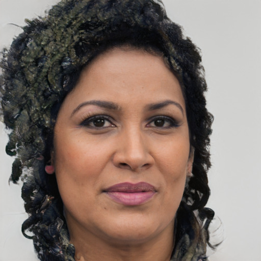 Joyful black adult female with short  brown hair and brown eyes