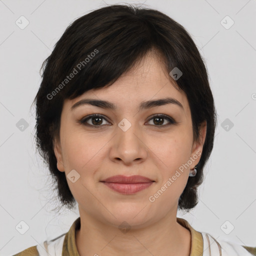 Joyful white young-adult female with medium  brown hair and brown eyes