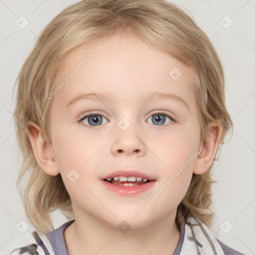 Joyful white child female with medium  brown hair and grey eyes