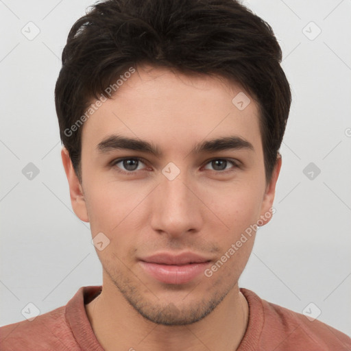 Neutral white young-adult male with short  brown hair and brown eyes