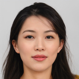 Neutral asian young-adult female with long  brown hair and brown eyes