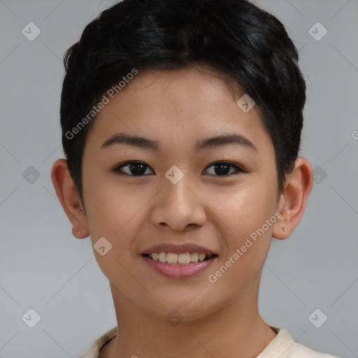 Joyful asian young-adult female with short  brown hair and brown eyes