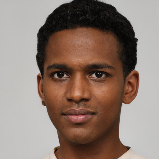 Neutral black young-adult male with short  black hair and brown eyes