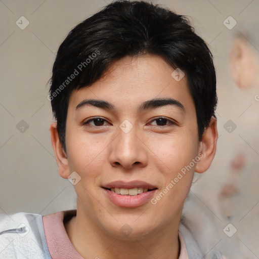 Joyful asian young-adult female with short  black hair and brown eyes