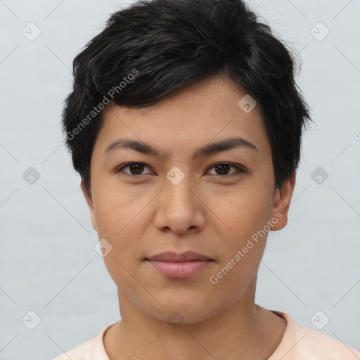 Neutral asian young-adult female with short  black hair and brown eyes