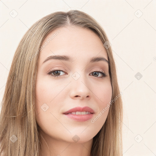 Neutral white young-adult female with long  brown hair and brown eyes