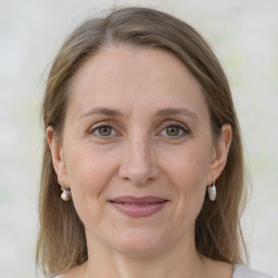 Joyful white adult female with medium  brown hair and grey eyes