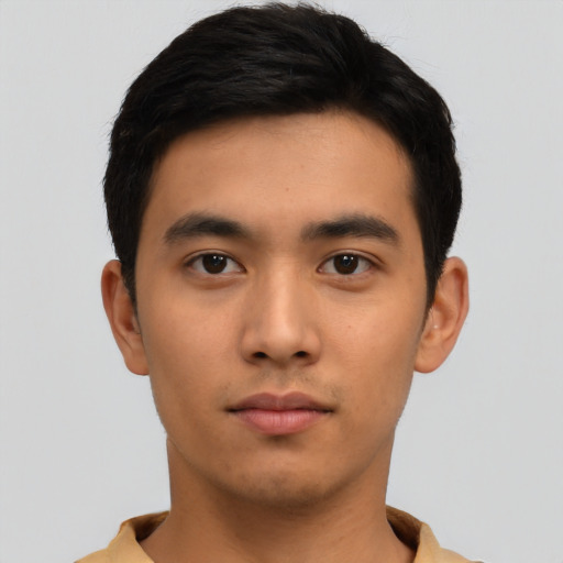 Neutral asian young-adult male with short  black hair and brown eyes
