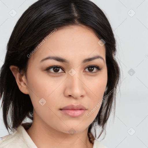 Neutral asian young-adult female with medium  brown hair and brown eyes