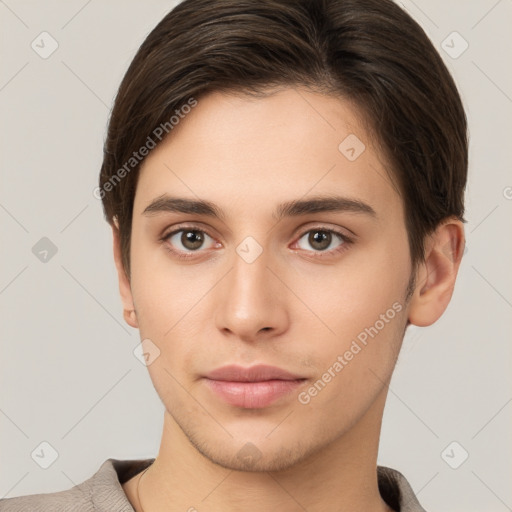 Neutral white young-adult male with short  brown hair and brown eyes