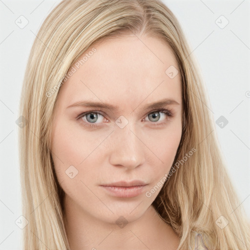 Neutral white young-adult female with long  brown hair and blue eyes