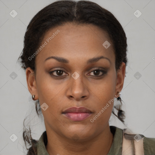 Neutral black young-adult female with short  brown hair and brown eyes