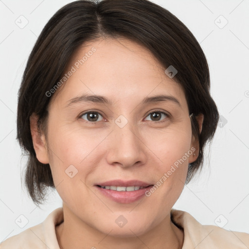 Joyful white young-adult female with medium  brown hair and brown eyes