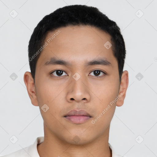 Neutral asian young-adult male with short  black hair and brown eyes