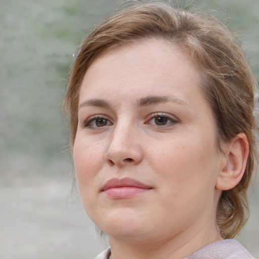 Neutral white young-adult female with medium  brown hair and grey eyes