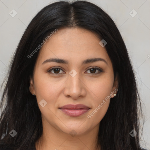 Joyful latino young-adult female with long  brown hair and brown eyes