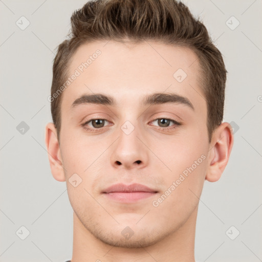 Neutral white young-adult male with short  brown hair and brown eyes