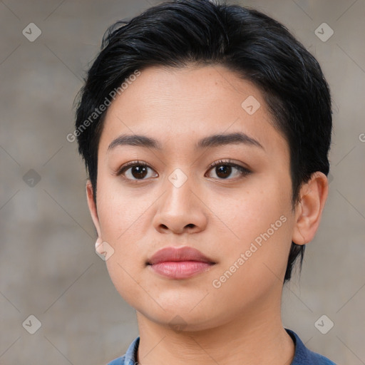 Neutral asian young-adult female with short  black hair and brown eyes