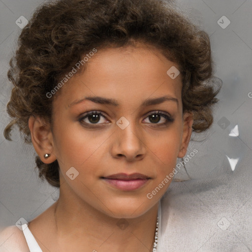 Neutral white young-adult female with short  brown hair and brown eyes