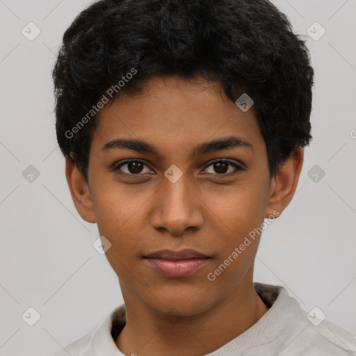 Neutral latino young-adult female with short  brown hair and brown eyes